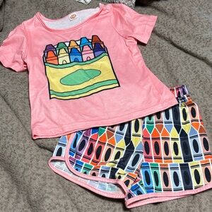 Kids Crayon Print Pajama Set - Pink and Multicolor